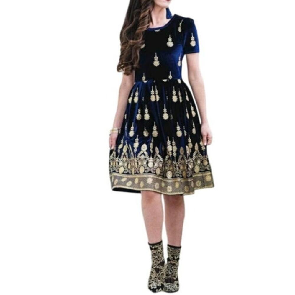 LulaRoe | 3XL Elegant Amelia Navy Blue Velvet Gold Metallic Embellished Dress